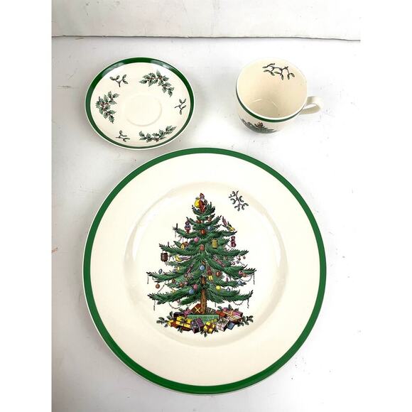 VTG Spode Christmas Tree Buffet Set Dinner Plate Cup Saucer 3 PC Set BOXED - Picture 1 of 16